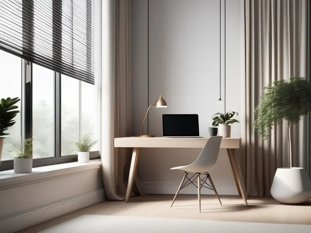 Espacio de trabajo minimalista y moderno con escritorio de madera clara, laptop, café y planta