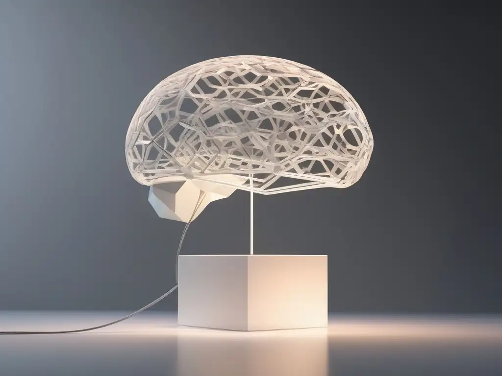 Escultura cerebral moderna que representa la complejidad de las vías neuronales y los beneficios de la neuropsicología en el bienestar