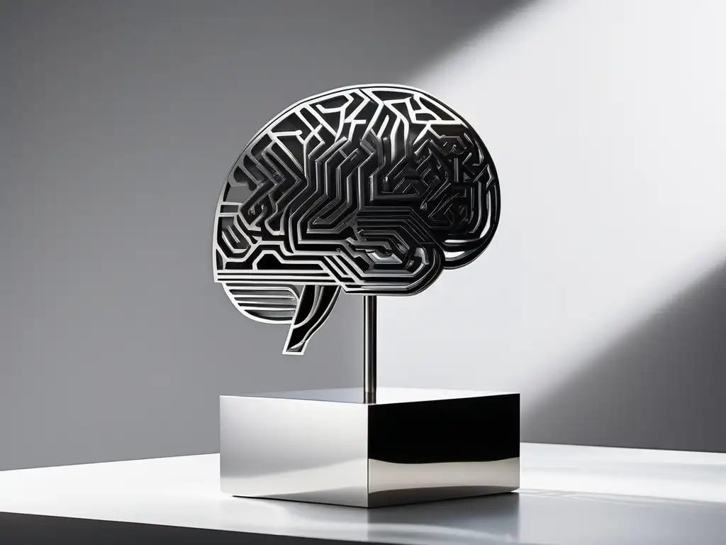 Escultura minimalista de cerebro en metal pulido, con patrones geométricos y juego de luces y sombras