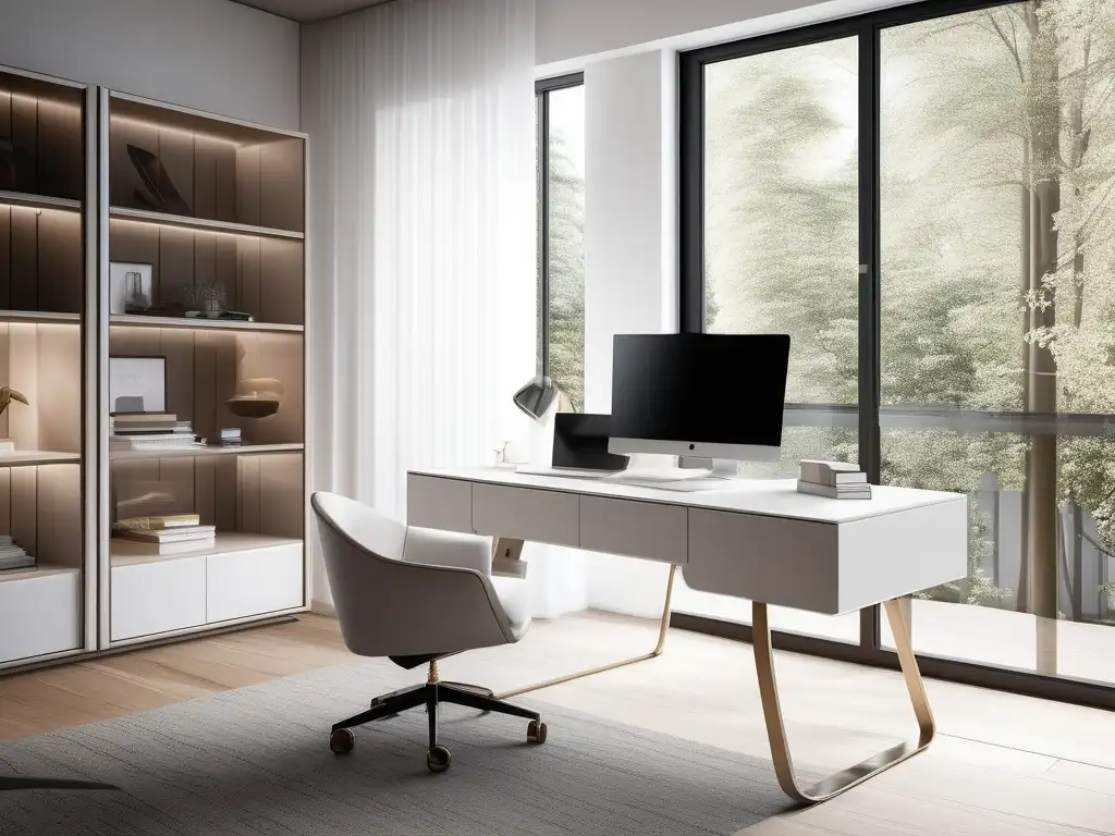 Espacio de estudio minimalista y moderno con escritorio blanco, laptop y silla ergonómica