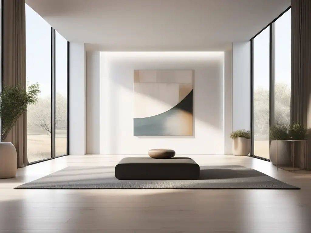 Un espacio de meditación sereno y minimalista, con luz natural, arte abstracto y un jardín Zen