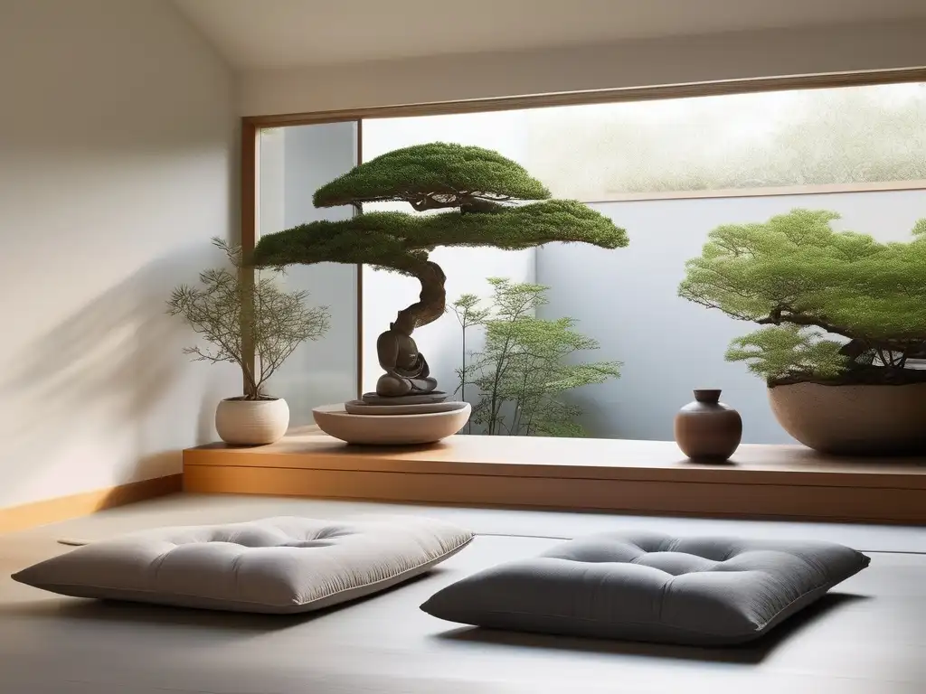 Espacio de meditación minimalista con luz natural, vista al jardín y técnicas de mindfulness para equilibrio emocional