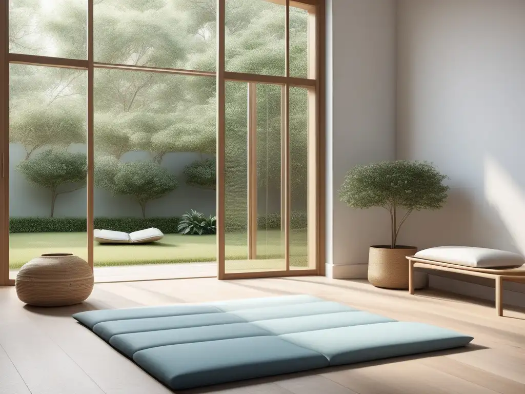 Habitación de meditación minimalista con vista a un jardín tranquilo - Beneficios de la meditación para superar el desamor