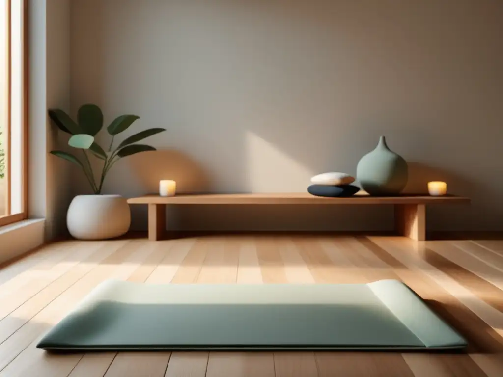 Espacio de meditación minimalista con luz natural y decoración neutral