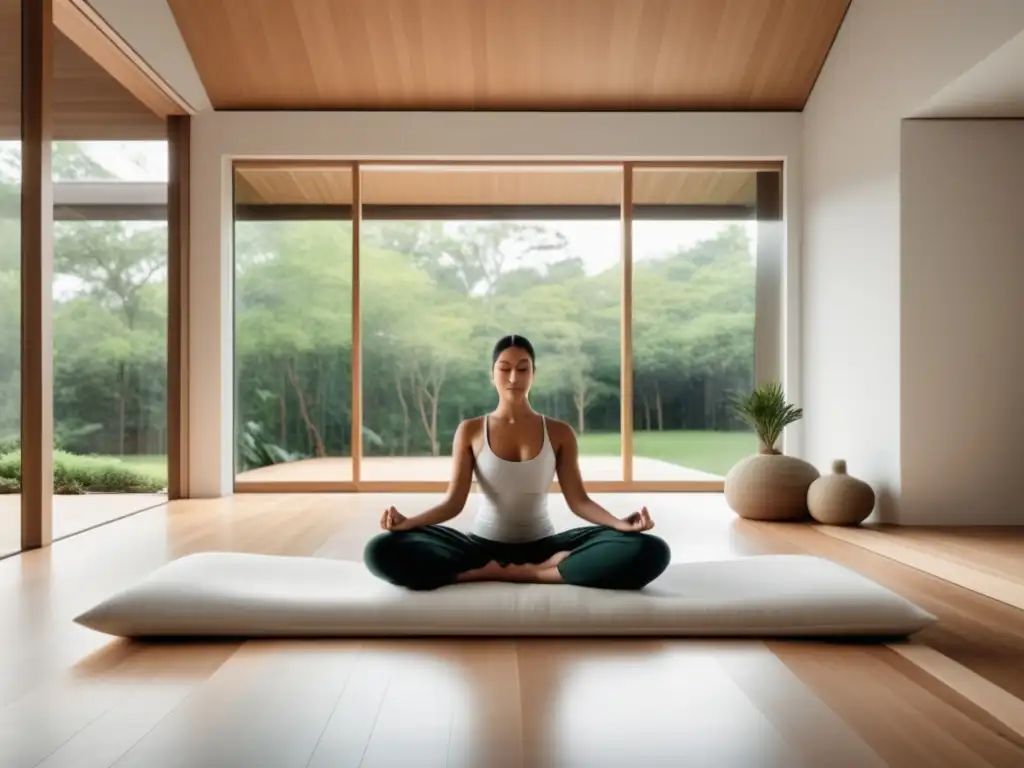 Espacio de meditación minimalista con luz natural y elementos serenos