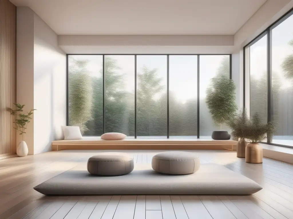 Espacio de meditación minimalista con luz natural y elementos de decoración neutral