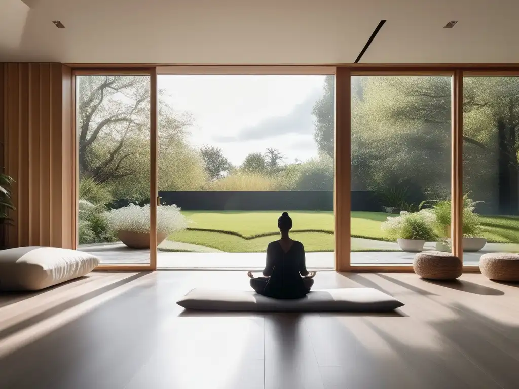 Sala de meditación minimalista con vista al jardín, muebles modernos y luz natural