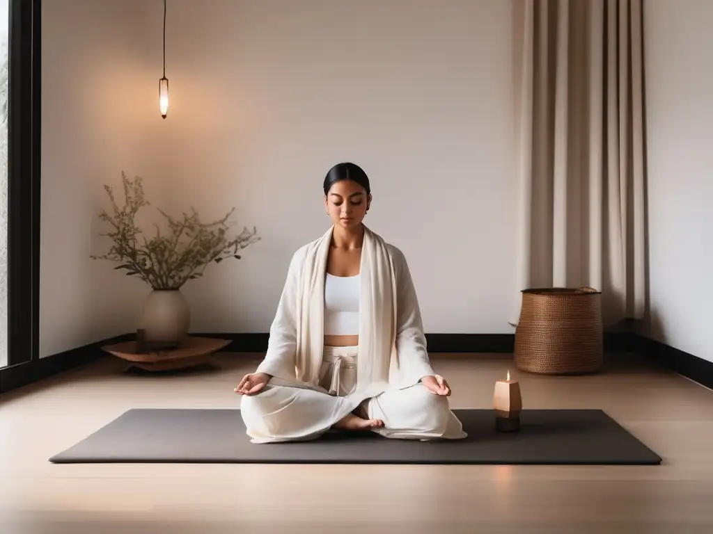 Meditación Taoísta: Espacio sereno y minimalista con luz natural filtrada, decorado con líneas limpias y colores neutros