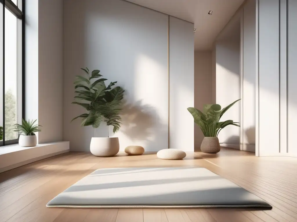 Espacio de meditación minimalista con luz natural y decoración moderna