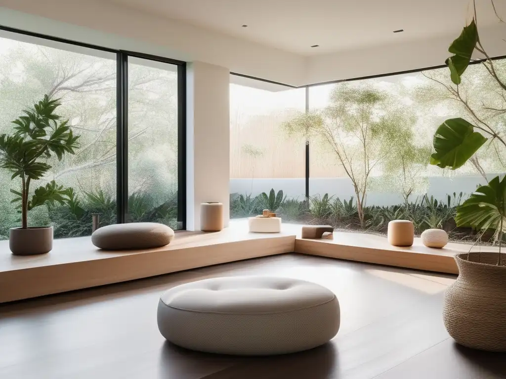 Espacio de meditación minimalista y sereno con vista a un jardín exuberante