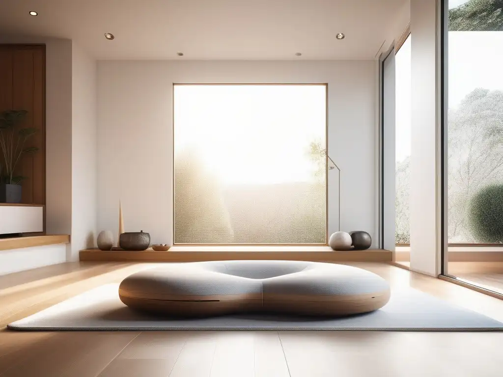 Espacio de meditación minimalista, tranquilo y luminoso