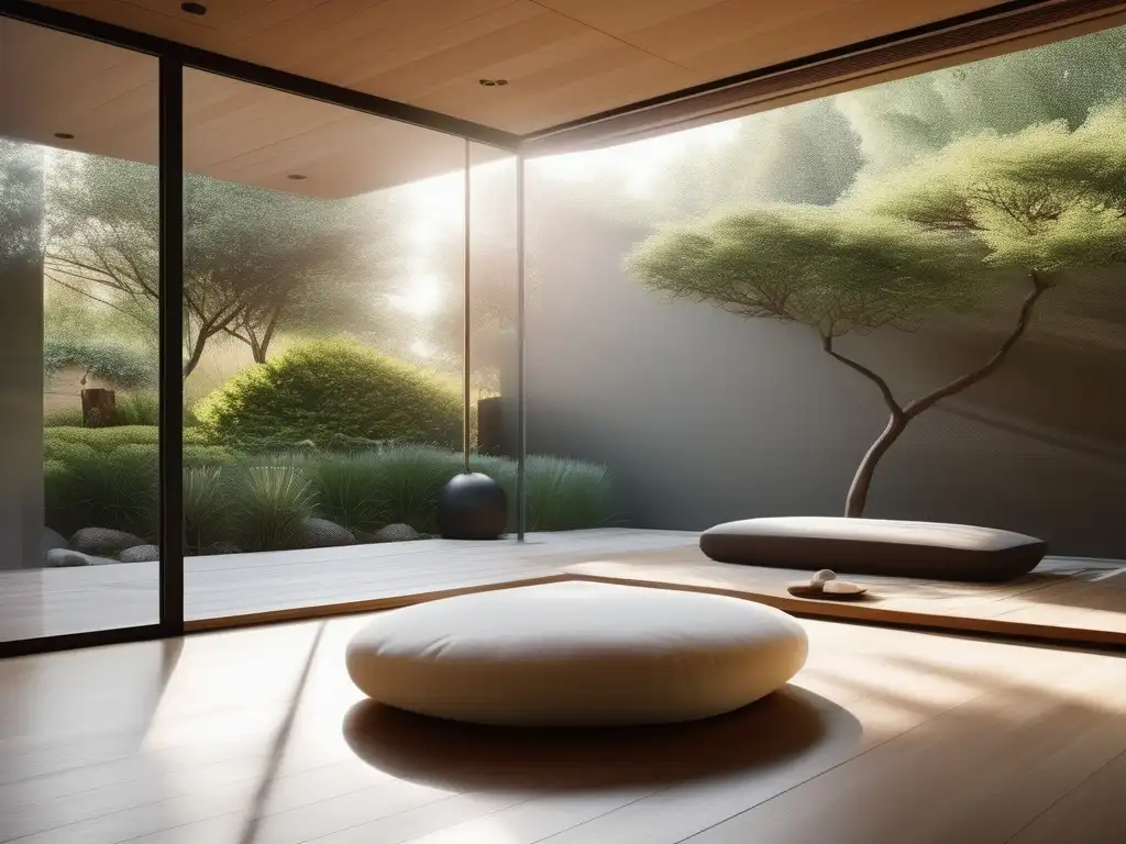 Espacio de meditación minimalista con vista a un jardín tranquilo y luz natural