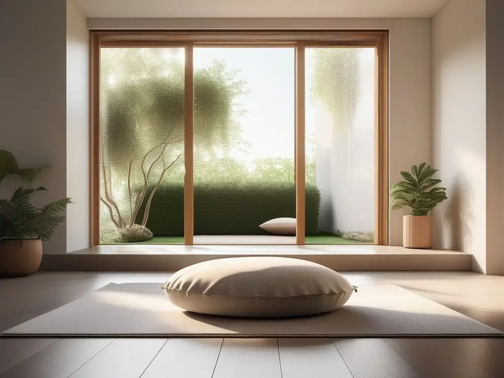 Beneficios meditación madres solteras: habitación serena con grandes ventanas, decoración minimalista y ambiente tranquilo