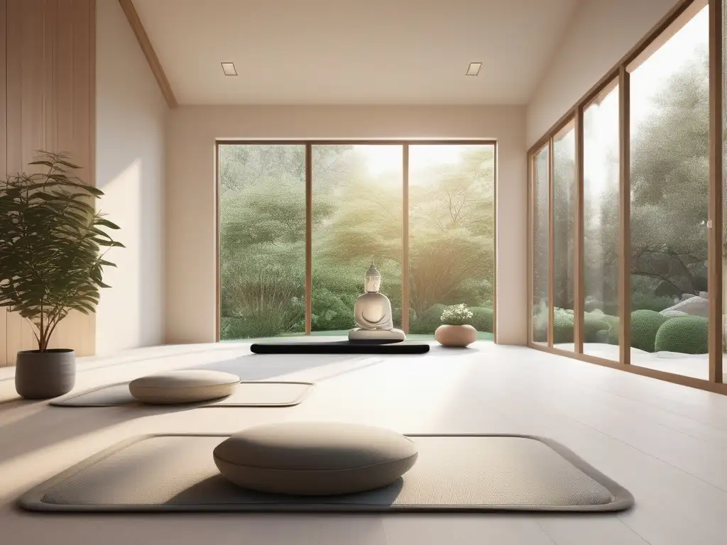 Meditación de aceptación: Sala minimalista con vista al jardín, luz natural y decoración simple