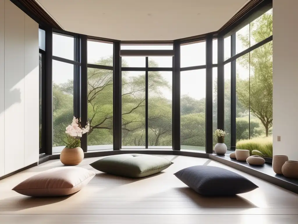 Espacio de meditación minimalista y sereno con vista a un jardín tranquilo