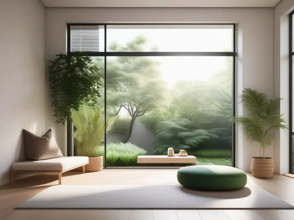 Espacio de meditación minimalista con ventana panorámica y elementos relajantes