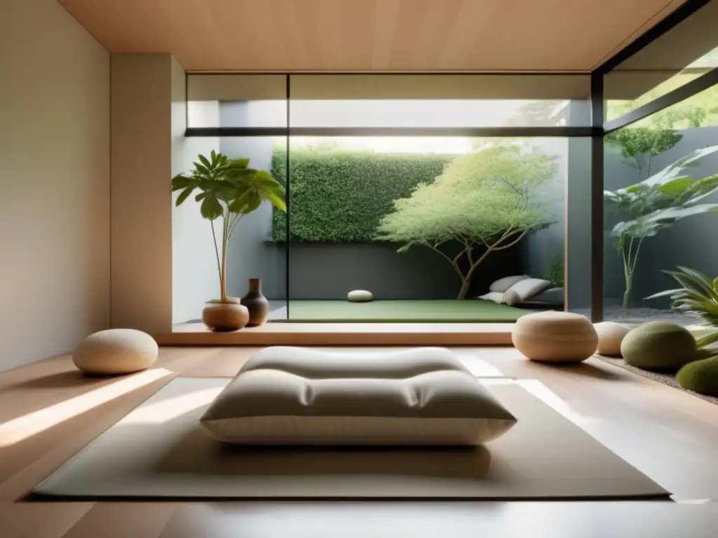 Ejercicios mindfulness: sala meditación minimalista, luz natural, vista jardín, decoración moderna, cojín cómodo