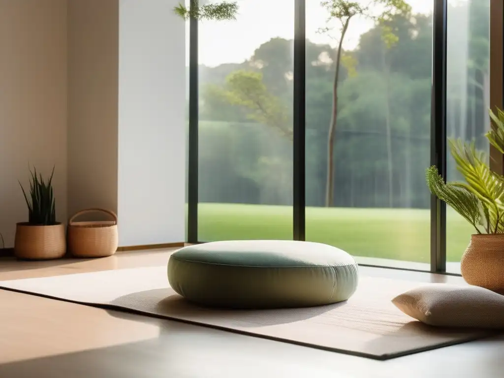 Espacio de meditación minimalista con vista a paisaje verde