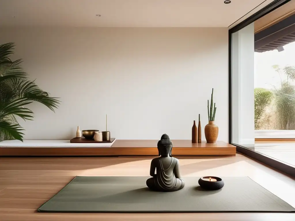 Beneficios de la meditación para superar el desamor - Sala de meditación minimalista con decoración cuidada y ambiente tranquilo