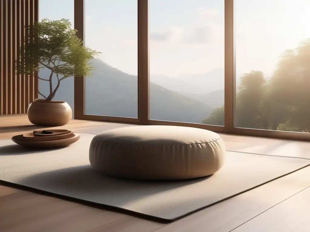 Meditación de gratitud: Espacio sereno y minimalista con cojín, flores frescas y luz natural