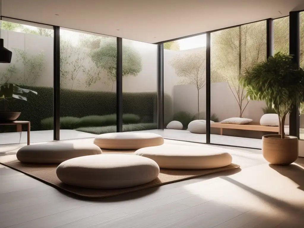 Espacio de meditación minimalista y sereno, con luz cálida y relajante