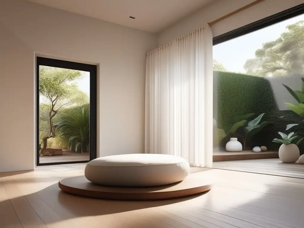 Un espacio sereno y minimalista para practicar mindfulness, con ventana al jardín y cojín de meditación en el suelo de madera