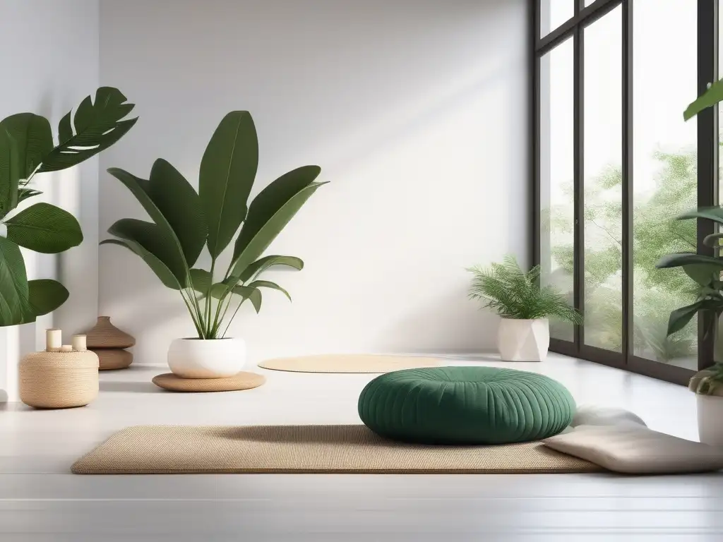 Espacio de meditación minimalista con plantas verdes y cojín de meditación blanco