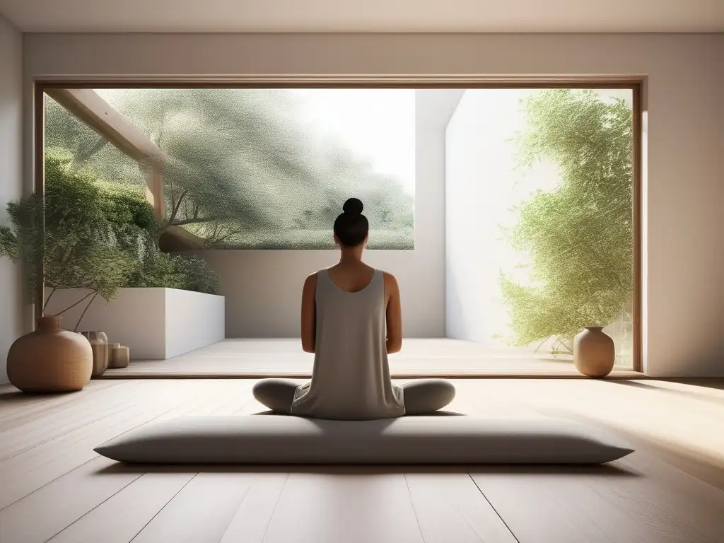 Espacio de meditación minimalista, luz natural, jardín tranquilo, cojín cómodo