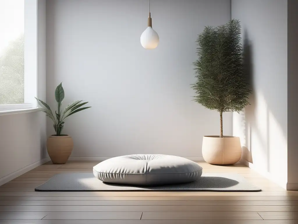 Habitación de meditación Kundalini: Espacio sereno y minimalista con luz natural, cojín gris y plantas verdes