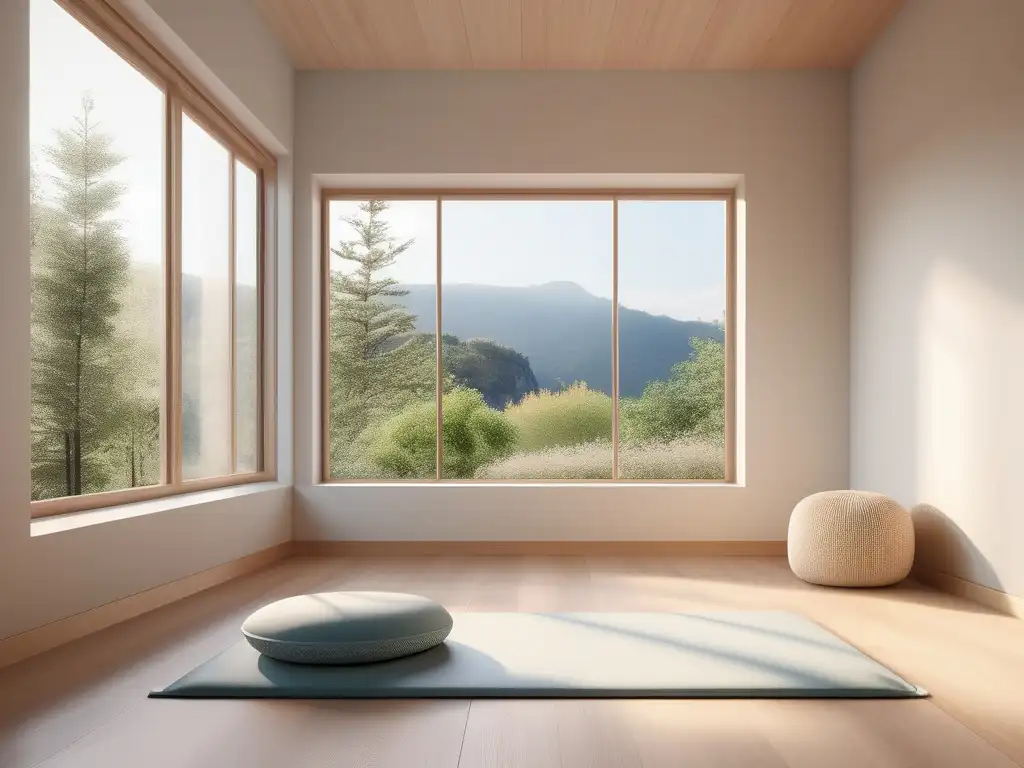 Espacio de meditación minimalista con vista a la naturaleza - Beneficios de la meditación de aceptación