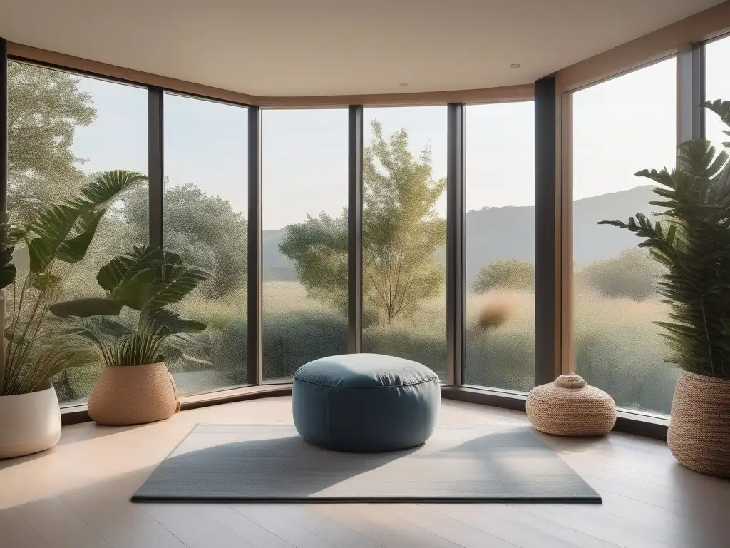 Espacio de meditación sereno y minimalista con vista panorámica y técnicas neurocientíficas para vida plena