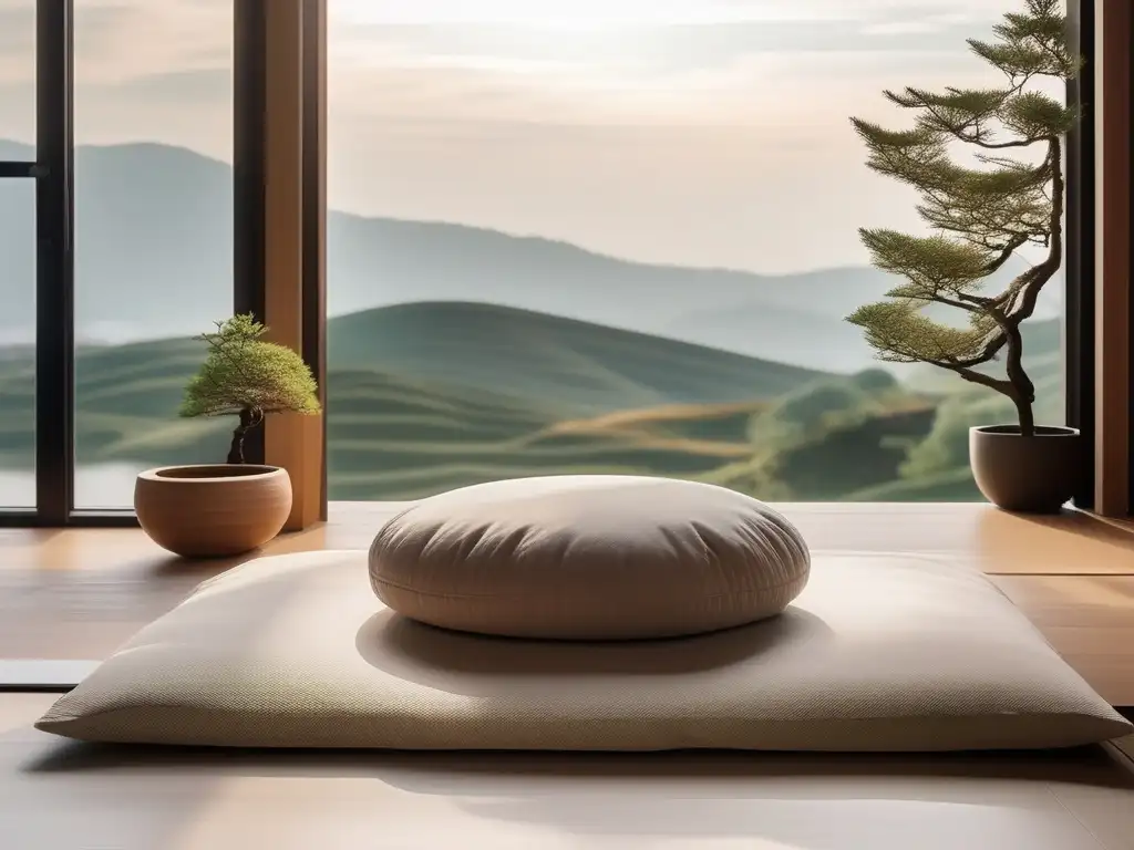 Dormitorio minimalista con vista a paisaje tranquilo, luz natural y espacio para práctica de mindfulness en el manejo del dolor crónico