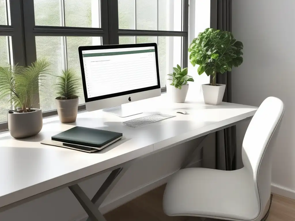 Espacio de trabajo minimalista con escritorio blanco, computadora y cuaderno organizado