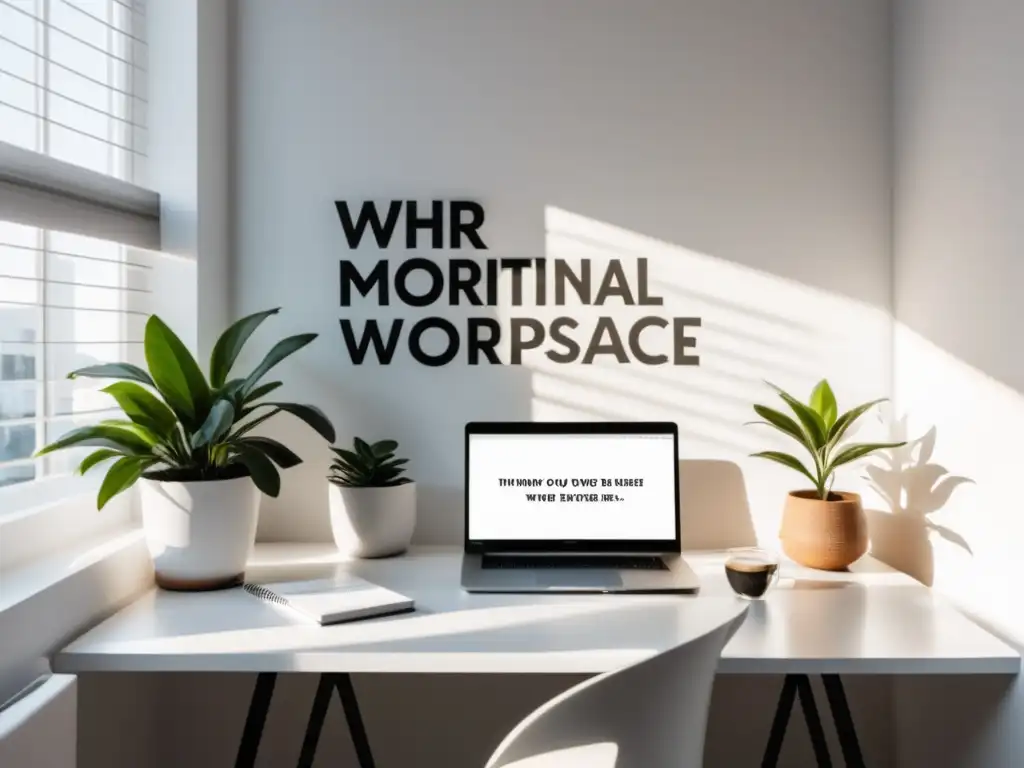 Espacio de trabajo minimalista con escritorio blanco y planta en esquina