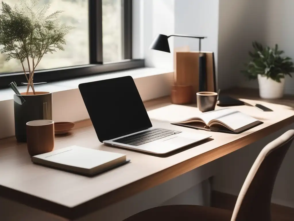 Espacio de trabajo minimalista y sereno con escritorio de madera pulida, luz natural y organización impecable - Mejorar autoestima y empoderamiento