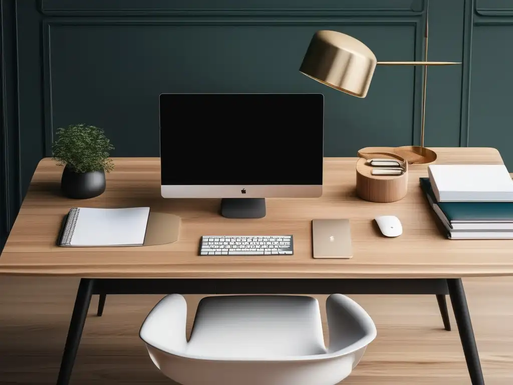 Espacio de trabajo minimalista con escritorio de madera clara, laptop, cuaderno y naturaleza serena