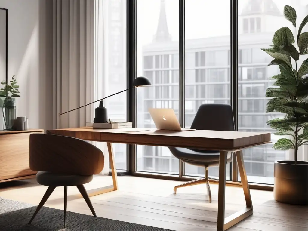 Espacio de trabajo minimalista con una elegante y moderna mesa de madera pulida