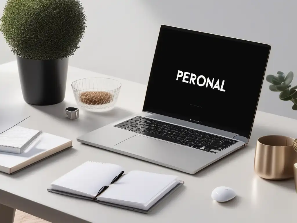 Espacio de trabajo minimalista con escritorio blanco, laptop elegante y metas personales