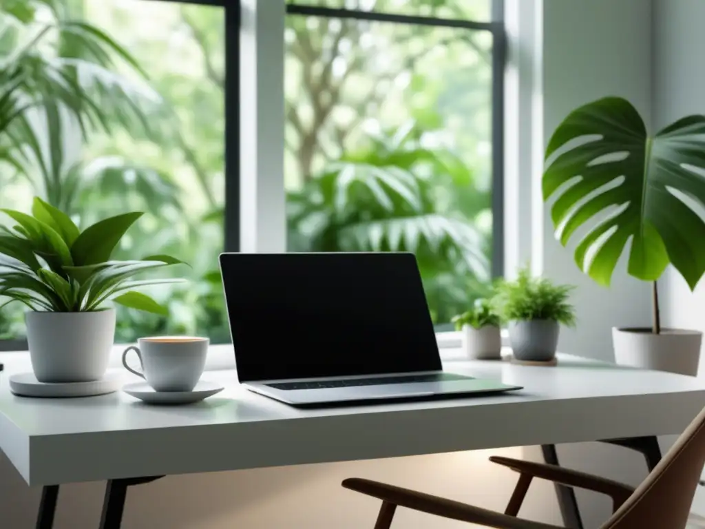 Espacio de trabajo minimalista con vegetación, reflejando equilibrio emocional pleno