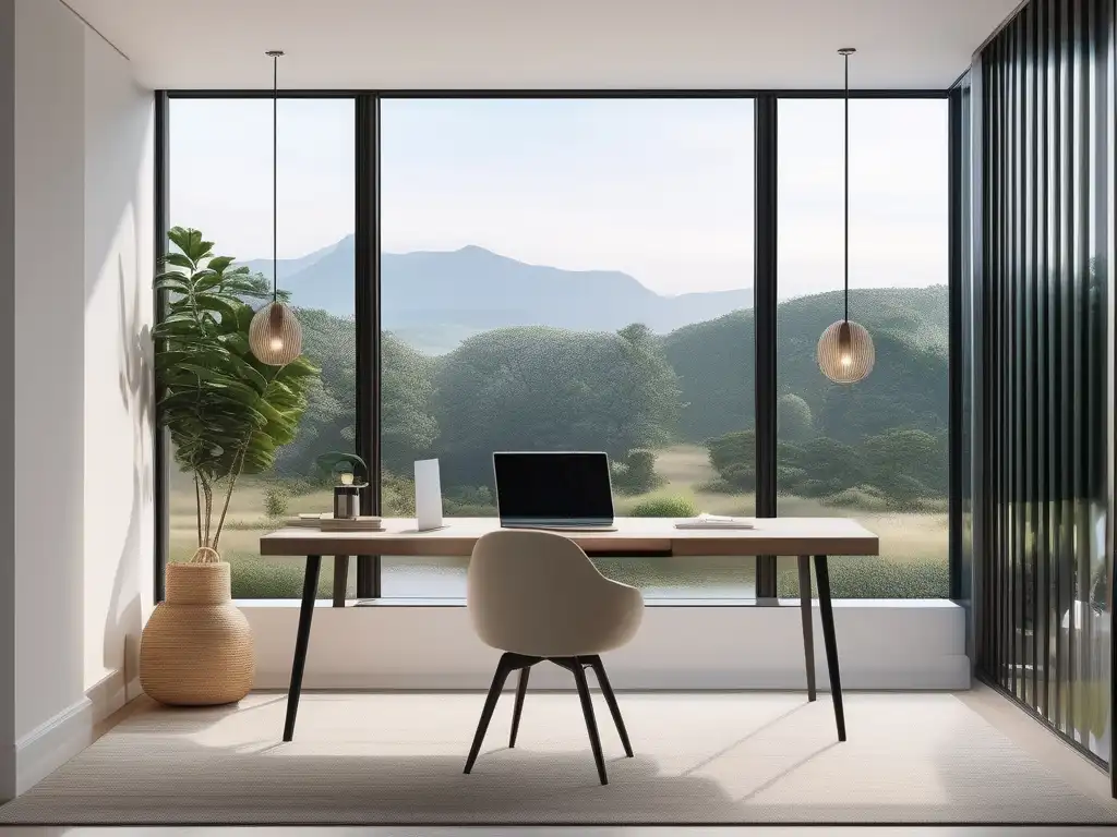 Espacio de trabajo minimalista con vista panorámica a paisaje natural: Consejos para fomentar resiliencia en líderes