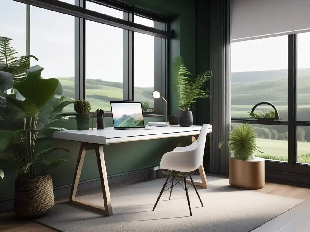 Espacio de trabajo minimalista con vista a paisaje verde: Importancia de establecer metas