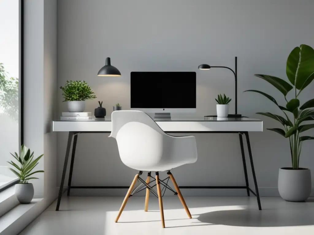 Espacio de trabajo minimalista con luz natural, metas y objetivos