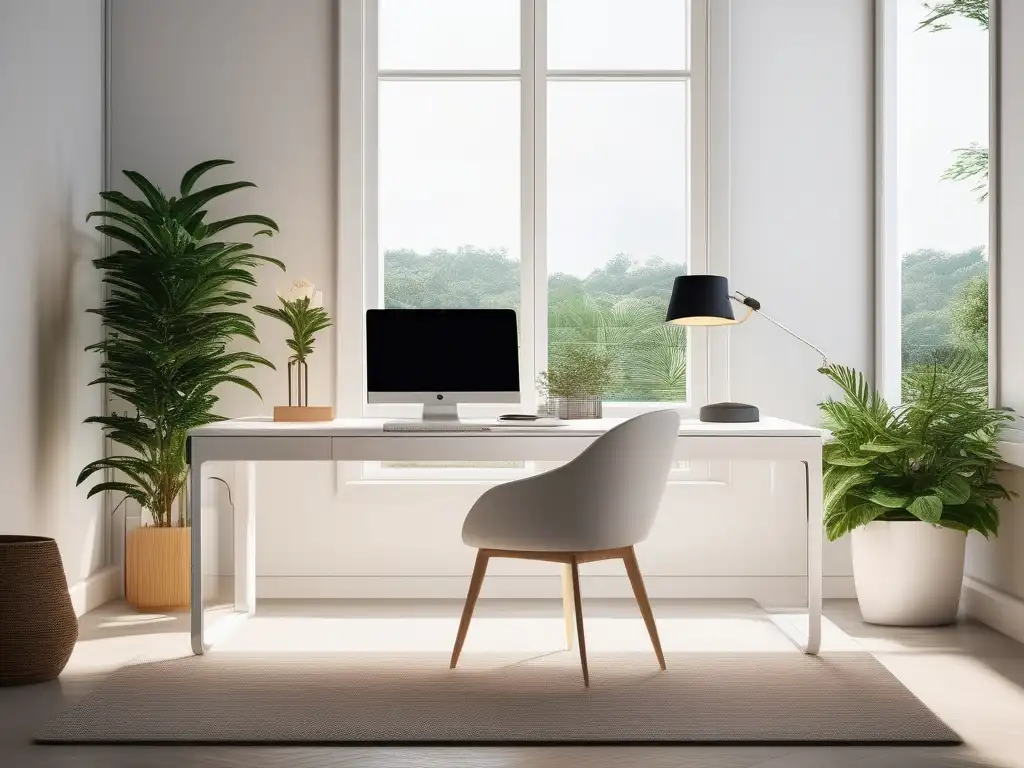 Espacio de trabajo sereno y minimalista con luz natural, plantas y vista a jardín