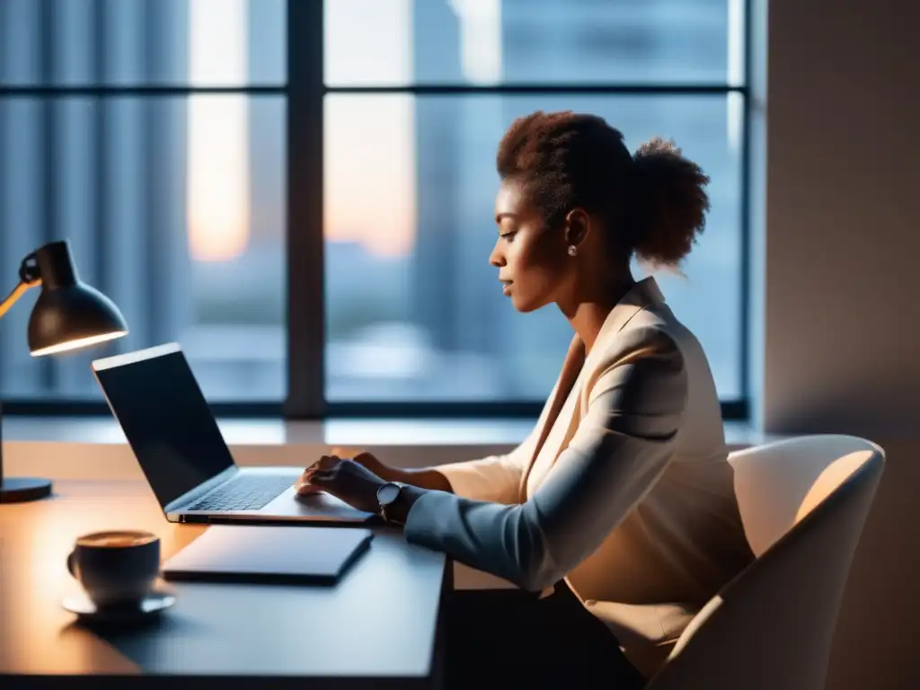 Estrategias para equilibrar emprendimiento y bienestar: persona enfocada en una oficina minimalista y organizada, con laptop, café y luz natural