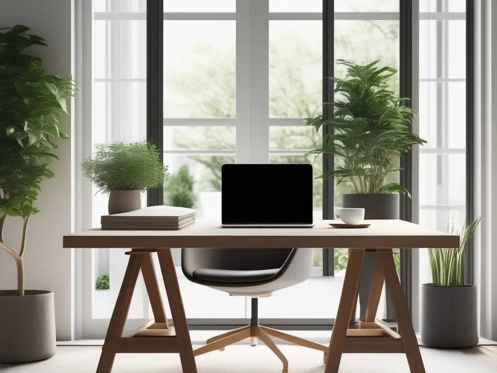 Espacio de trabajo sereno con escritorio moderno y silla ergonómica