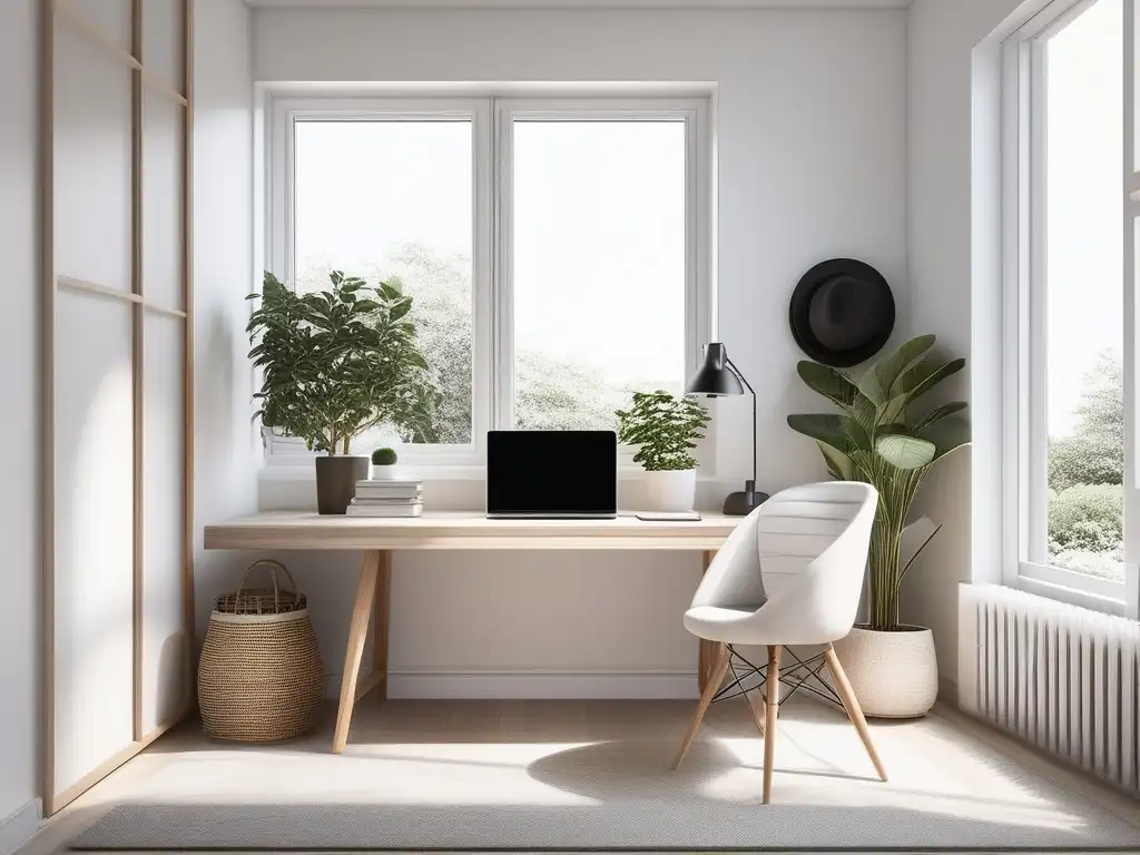 Espacio de trabajo minimalista y sereno con luz natural y escritorio blanco