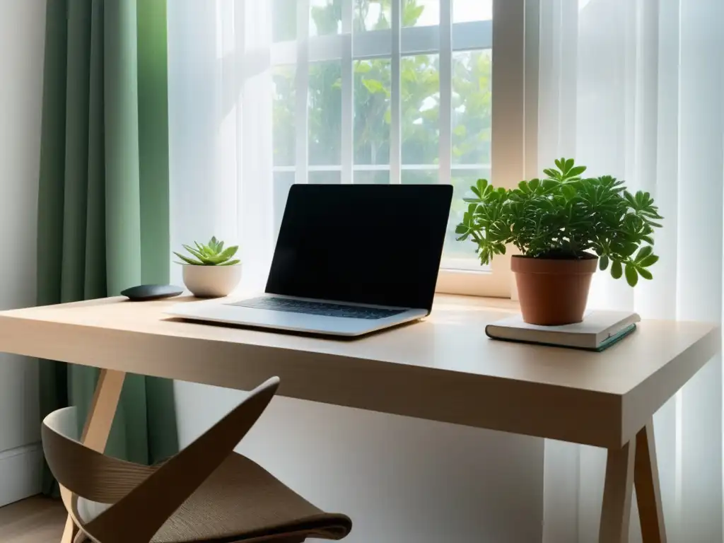 Espacio de trabajo minimalista con escritorio de madera clara, laptop, té herbal, diario, planta Rhodiola rosea y cortinas blancas