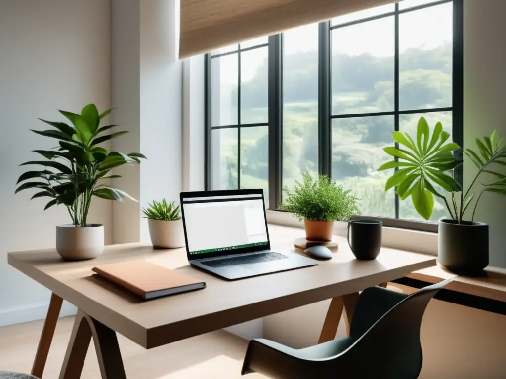 Espacio de trabajo sereno y minimalista con luz natural y plantas - Controlar el estrés para el bienestar