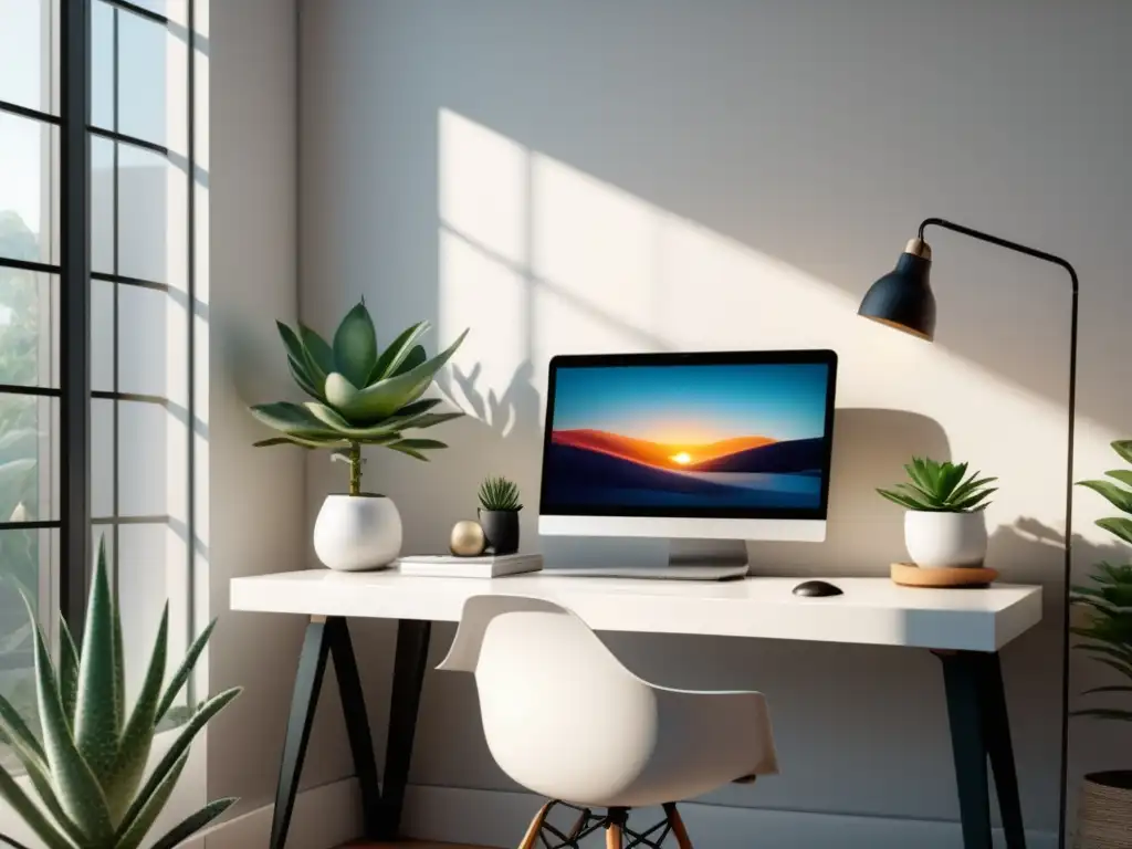 Espacio de trabajo minimalista con luz natural y decoración relajante - Beneficios del mindfulness para el bienestar mental