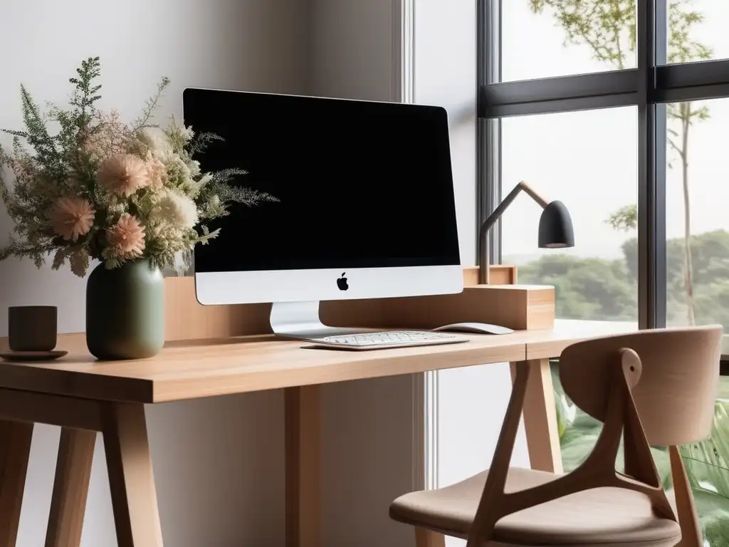 Espacio de trabajo minimalista con escritorio de madera clara, organizado y bañado en luz natural, con vista a un jardín tranquilo